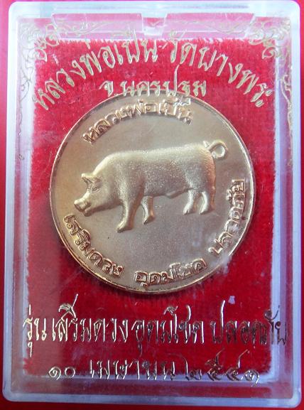 เหรียญ หมูเสริมดวง อุดมโชด ปลอดภัย กระไหล่ทอง หลวงพ่อเปิ่น วัดบางพระ พร้อมกล่องเดิมวัด