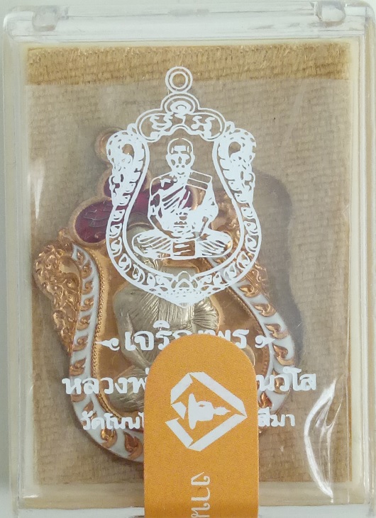 เหรียญเสมาหลวงพ่อจอย วัดโนนไทย รุ่นเจริญพร ปี๒๕๕๘ เนื้อทองทิพย์ลงยา หน้าอัลปก้า ตอกโค้ด ๘๓๗