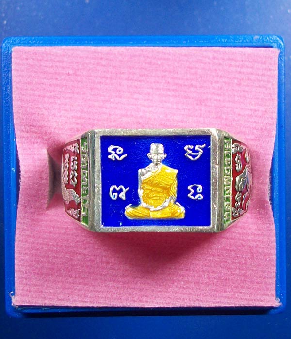 ##เคาะเดียว##แหวนหลวงพ่อรวย วัดตะโก จ.อยุธยา รุ่นเงินไหลมา ปี60 เนื้อเงินลงยาน้ำเงิน ไซส์62(ผู้ชาย)