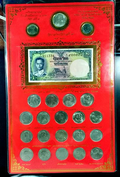 แผงเหรียญ 1 บาท ครบชุด 22 วาระ และธนบัตรฉบับละ 1บาท ในแผงบอกรายละเอียดวาระสำคัญต่างๆและ พศ. การผลิต 