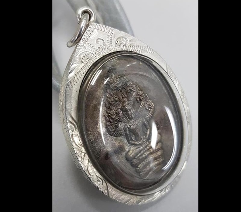 พระนาคปรกเนื้อทองแดง เบอร์ 5116 หลวงพ่อสาครเลี่ยมเงินพร้อมใช้ กล่องเดิม ห่วงเดิม