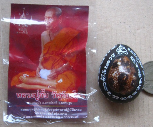 เบี้ยแก้สารพัดกัน ด้านหลังฝังเสือ หลวงพ่ออั๊บ วัดท้องไทร จ.นครปฐม ปี2553(ปรอท เดินดี) ซองเดิม 