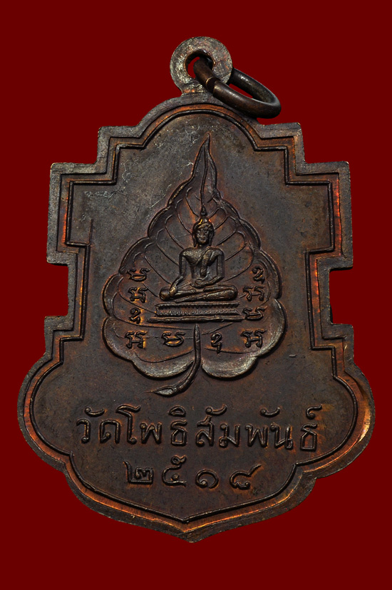 เหรียญใบสาเกเนื้อทองแดง หลวงพ่อบุญมี วัดโพธิสัมพันธ์ หลวงปู่ทิม ปลุกเสก ปี พศ.2518