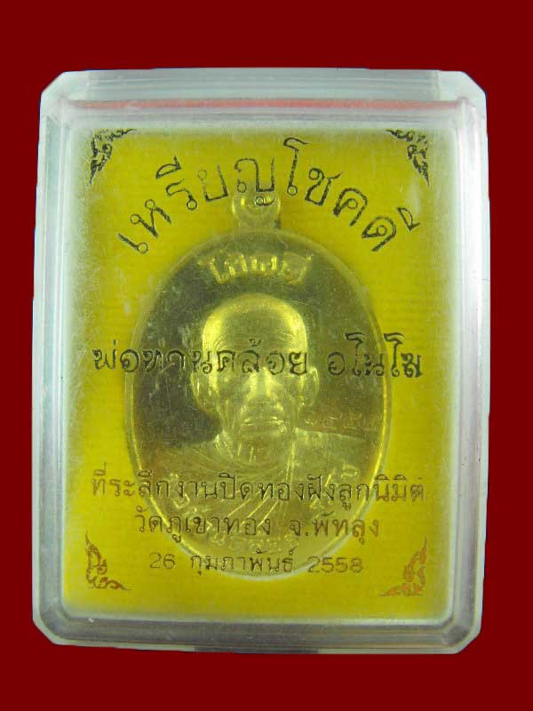 เหรียญโชคดี พ่อท่านคล้อย วัดภูเขาทอง "รุ่นโชคดีสำเร็จ ปี2558"..เนื้อทองเหลือง