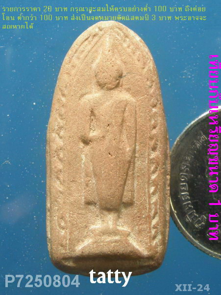 พระยืนเนื้อดิน หลังมีชื่อย่อวัด ไม่รู้ว่าวัดอะไร