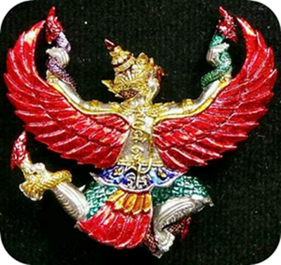 วัดใจเคาะเดียวแดง พญาครุฑ รุ่นรวยล้นฟ้า พระมหาสุรศักดิ์ ปลุกเสก ณ.วัดประดู่ เนื้อสัมฤทธิ์เงินลงยา