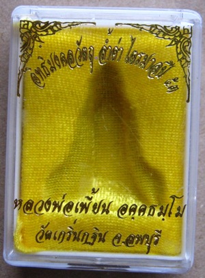 รูปเหมือนปั๊มเข่ากว้างหลังเต็ม หลวงพ่อเพี้ยน วัดเกริ่นกฐิน ลพบุรี ปี53เนื้อทองทิพย์ เลี่ยมกันน้ำ+กล่