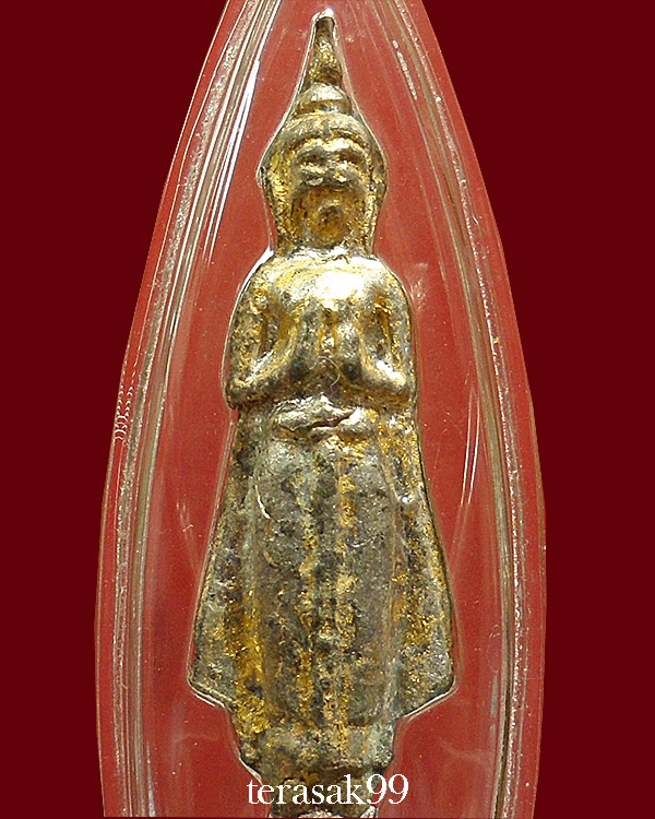 พระกรุวัดเกาะสัมพันธวงศ์ พิมพ์ยืน(ปางห้ามญาติ) เนื้อชินเงินปิดทองจากกรุ กรุงเทพฯ