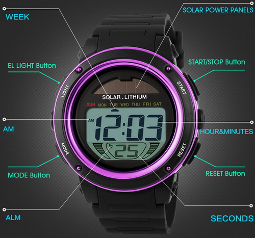 SKMEI นาฬิกาดิจิตอลพลังงานแสงอาทิตย์และแบตเตอรี่ บอกวันที่ ตั้งปลุก จับเวลา กันน้ำลึก 30 เมตร