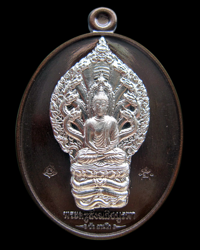 เหรียญมงคลมหาลาภ พิมพ์นาคปรก เนื้อนวะหน้าเงิน หลวงปู่บัว ถามโก วัดศรีบรูพาราม จ.ตราด เลข ๖๑๓