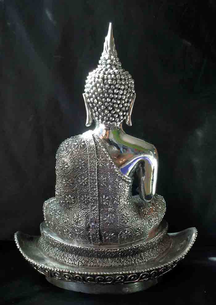 ***พระบูชาย้อนยุคแบบสุโขทัยนั่งเรือ เนื้อเงินยวงขัดเงา หน้าตัก 9 นิ้ว จีวรลายดอกฐานดินไทย พุทธศิลป์ใ
