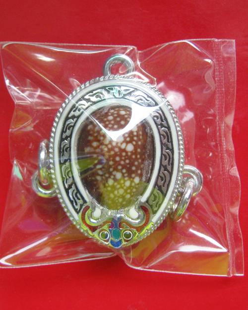 เบี้ยแก้ รุ่นแรก พระมหาสุรศักดิ์ วัดประดู่ เนื้อเงินลงยาดำ จารรอบ พร้อมใบคาถา