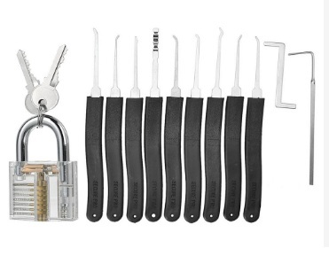 แม่กุญแจใสพร้อมกุญแจ2ดอกกับชุดสะเดาะ 11 ชิ้น