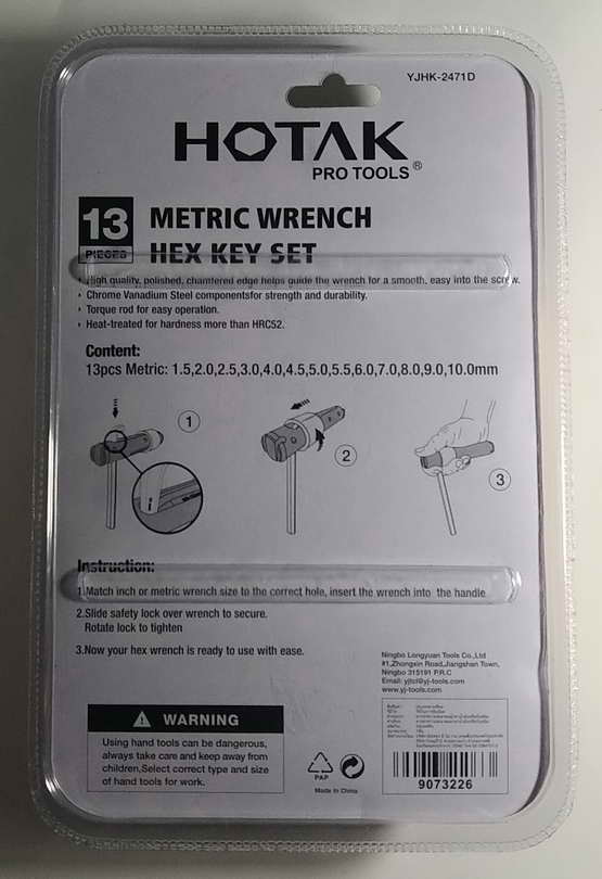 กุญแจ L หกเหลี่ยม ยี่ห้อ  HOTAK  13 ตัว / ชุด   