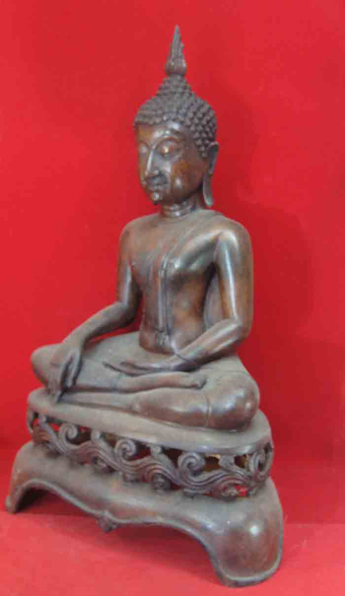 ***เคาะเดียวแดง***พระบูชาศิลป์สมัยสุโขทัย ปางมารวิชัย ฐานสามขาลายฉลุ หน้าตัก 9 นิ้ว ฐานดินไทย เนื้อโ