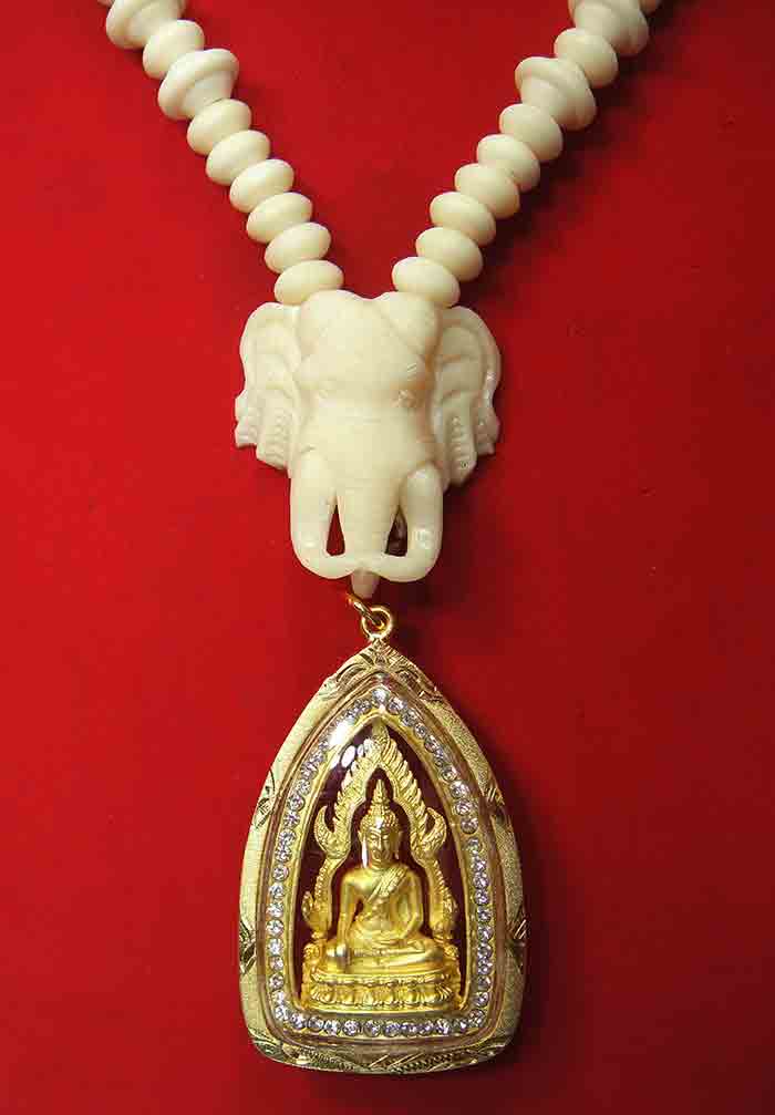 ***สร้อยคล้องพระกระดูกนกกระจอกเทศ + พระพุทธชินราชกรอบทองไมครอนประดับพลอย งานแฮนเมด(Handmade) ส่ง ออก
