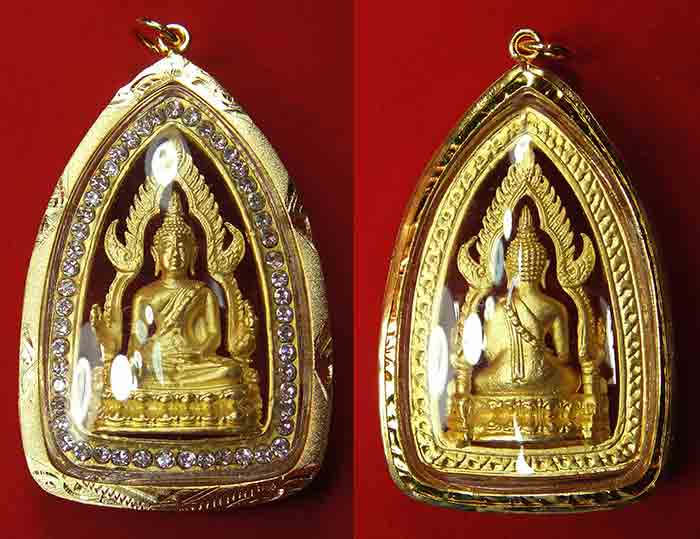 ***สร้อยคล้องพระกระดูกนกกระจอกเทศ + พระพุทธชินราชกรอบทองไมครอนประดับพลอย งานแฮนเมด(Handmade) ส่ง ออก