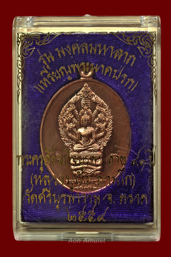 เหรียญนาคปรกเนื้อทองแดงผิวไฟ รุ่น มงคลมหาลาภ หลวงปู่บัว ถามโก วัดศรีบุรพาราม พศ.2559 หมายเลข No.4441