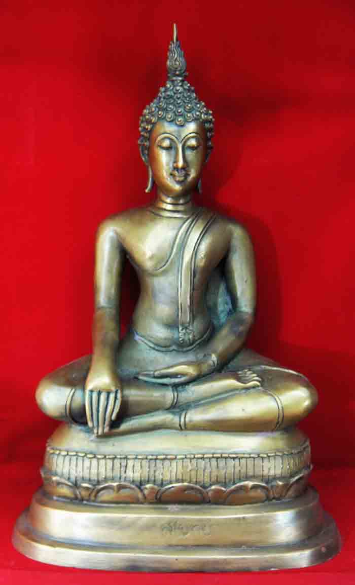 พระพุทธรูปแบบสุโขทัย เนื้อทองเหลืองผิวเก่า(ผิวขันลงหิน) ขนาดหน้าตัก ๙ นิ้ว หล่อหนา สภาพเดิมๆ ราคาเบา