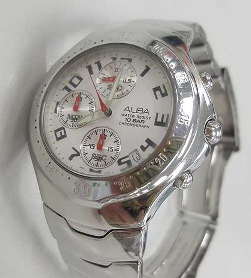 นาฬิกา ALBA ของแท้ โครโนกราฟ หน้าขาว เข็มสปอร์ตโครโนแดง ดีไซน์สายสวยมาก 