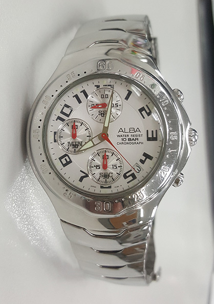 นาฬิกา ALBA ของแท้ โครโนกราฟ หน้าขาว เข็มสปอร์ตโครโนแดง ดีไซน์สายสวยมาก 
