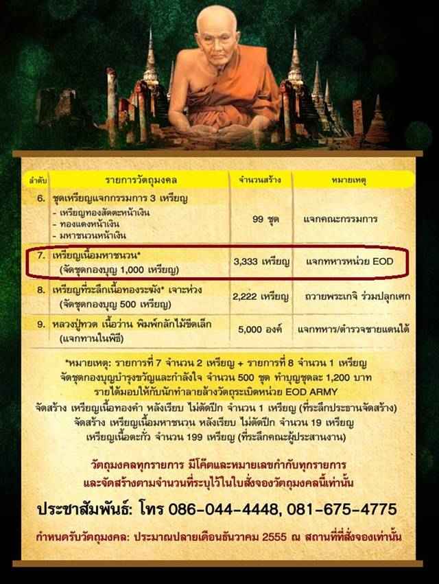 เหรียญหลวงพ่อทวด วัดพุธไธศวรรย์ จ.อยุธยา รุ่นปาฏิหาริย์ EOD ARMY ปี ๕๕ เนื้อมหาชนวน แจกทหาร เลข ๑๔๔๗