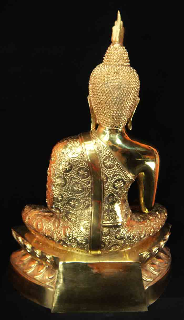 พระพุทธรูปบูชาแบบอู่ทอง เนื้อทองเหลืองเหลือขัดมัน ขนาด หน้าตัก ๙ นิ้ว จีวรลายดอกพิกุล หลวงพ่อลออ เมต