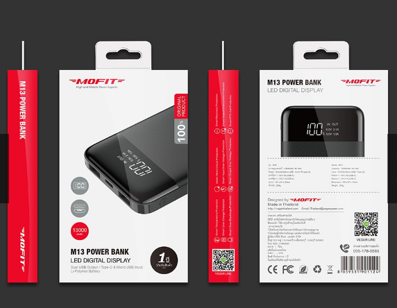 เพาเวอร์แบงค์ MOFIT ของแท้ มีจอ LED 13000mAh PANEL 2USB+TYBE-C+2.1A