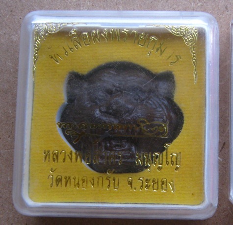 หัวเสือผงพรายกุมาร หลวงพ่อสาคร วัดหนองกรับ ระยอง ปี2556 รุ่น100วัน เนื้อสีน้ำตาล ฝังตะกรุดเงิน+กล่อง