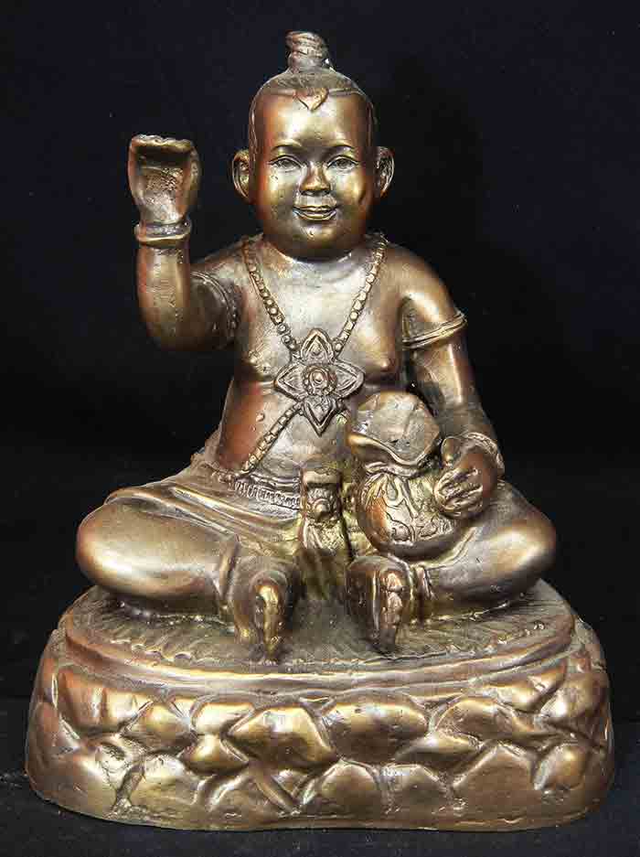 กุมารทองเทพ กวักเงินทอง กวักทรัพย์ สูง 4 นิ้ว เนื้อทองเหลือง กวักโชคลาภ มีถุงเรียกเงินทอง เป็นกุมารเ