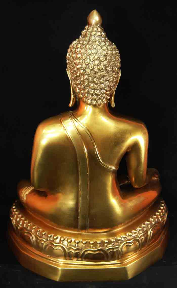 พระพุทธรูปบูชาแบบเชียงแสน ฐานบัวหงาย เนื้อทองเหลืองรมมันปูสเปรย์ทอง ขนาดหน้าตัก ๙ นิ้ว หลวงพ่อลออ เม