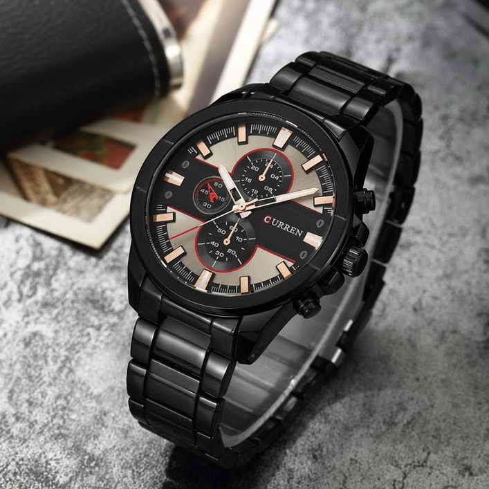 320  นาฬิกาควอทซ์ แฟชั่น  แบบเข็ม Curren   สแตนเลส  BLACK  STEEL เข็มชุบทองแดง 