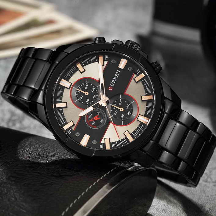 320  นาฬิกาควอทซ์ แฟชั่น  แบบเข็ม Curren   สแตนเลส  BLACK  STEEL เข็มชุบทองแดง 
