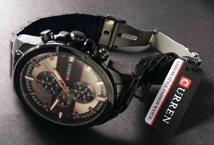 320  นาฬิกาควอทซ์ แฟชั่น  แบบเข็ม Curren   สแตนเลส  BLACK  STEEL เข็มชุบทองแดง 