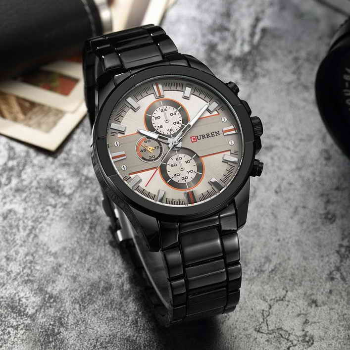 320   นาฬิกาควอทซ์ แฟชั่น  แบบเข็ม Curren   สแตนเลส  BLACK  STEEL เข็มชุบเงิน
