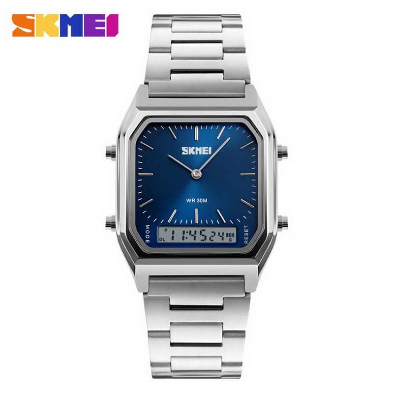 นาฬิกา  SKMEI 1220  สองระบบ  เข็ม กับ ดิจิตอล  สายเเสตนเลส หน้าปัท สีน้ำทะเล   ของแท้ 100 % 