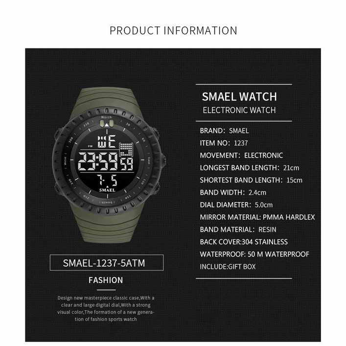 220  บาท  นาฬิกาข้อมือ ดิจิตอล  SMAEL 1237  กันน้ำ 30 เมตร  สำหรับผู้ชาย  (สีเขียว)   รูปแรก นะครับ 