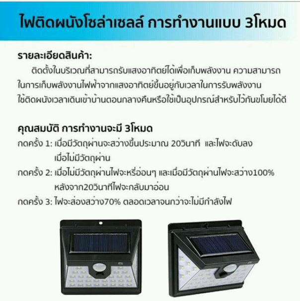 ไฟผนังโชล่าเซลล์ 40 LED 
