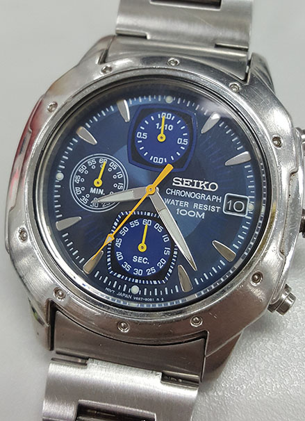 นาฬิกา SEIKO CHRONOGRAPH หน้าฟ้า เข็มโครโนเหลือง 100M Water Resist