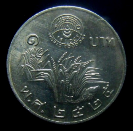 **วัดใจ**เหรียญ 1 บาท FAO รวงข้าว เหรียญกษาปณ์ที่ระลึกเนื่องในวันอาหารโลก ปี ๒๕๒๕**