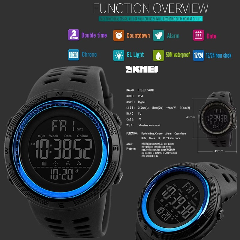 SKMEI นาฬิกาข้อมือผู้ชายดิจิตอล แท้ 100% มีกล่อง-ใบครบเซ็ต รุ่น SK-1251 