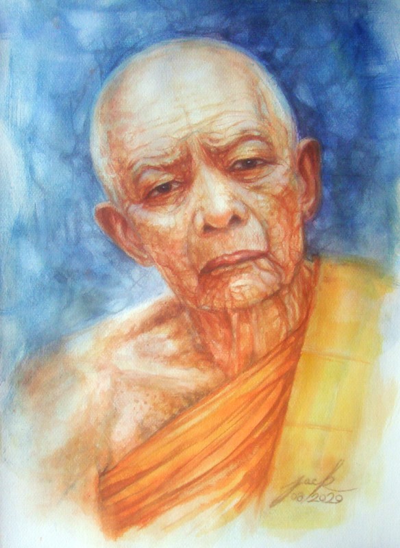 หลวงปู่ทิม วัดละหารไร่ ภาพวาดสีน้ำ บนกระดาษ 300 แกรม ขนาด 11 x 15 นิ้ว งานเพ้นท์ไม่ใช่งานพิมพ์