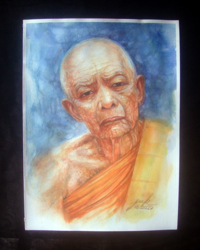 หลวงปู่ทิม วัดละหารไร่ ภาพวาดสีน้ำ บนกระดาษ 300 แกรม ขนาด 11 x 15 นิ้ว งานเพ้นท์ไม่ใช่งานพิมพ์