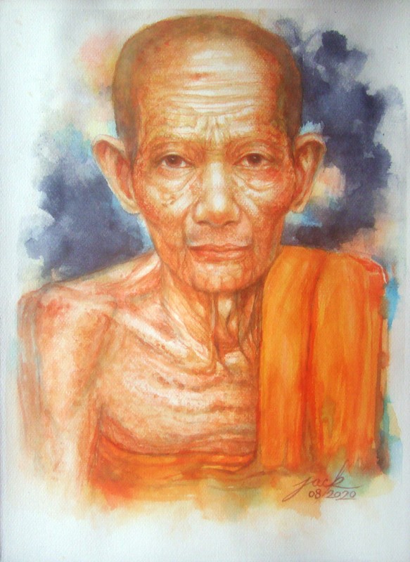 หลวงพ่อเกษม เขมโก ภาพวาดสีน้ำ บนกระดาษ 300 แกรม ขนาด 11 x 15 นิ้ว งานเพ้นท์ไม่ใช่งานพิมพ์หรือโปสเตอร