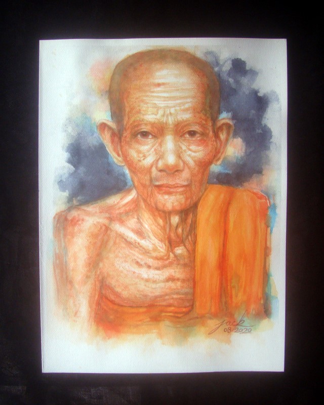หลวงพ่อเกษม เขมโก ภาพวาดสีน้ำ บนกระดาษ 300 แกรม ขนาด 11 x 15 นิ้ว งานเพ้นท์ไม่ใช่งานพิมพ์หรือโปสเตอร