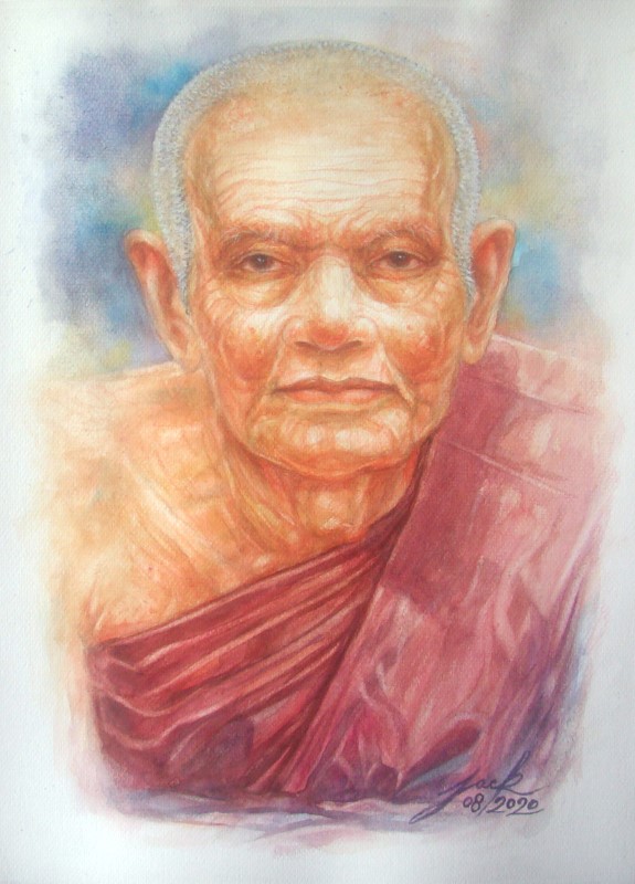 หลวงปู่ทวด วัดช้างให้ ปัตตานี ภาพวาดสีน้ำ บนกระดาษ Canson 300 แกรม ขนาด 11 x 15 นิ้ว งานเพ้นท์ไม่ใช่