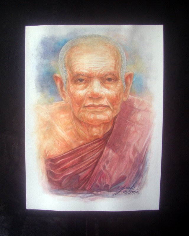 หลวงปู่ทวด วัดช้างให้ ปัตตานี ภาพวาดสีน้ำ บนกระดาษ Canson 300 แกรม ขนาด 11 x 15 นิ้ว งานเพ้นท์ไม่ใช่