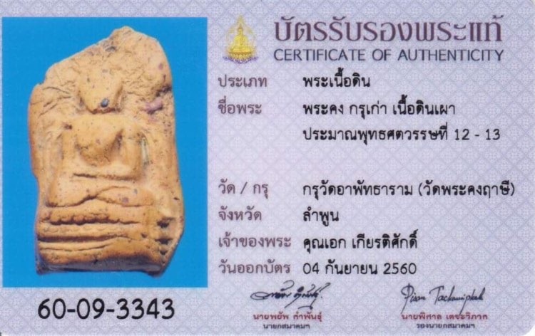 พระคงเนื้อดิน กรุเก่า จ.ลำพูน พร้อมบัตรสมาคมฯ