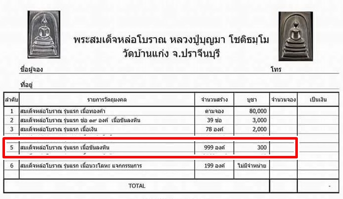 พระสมเด็จหล่อรวยทันใจ รุ่นแรก หลวงปู่บุญมา วัดบ้านแก่ง จ.ปราจีนบุรี ปี60 เนื้อขันลงหิน หมายเลข733 