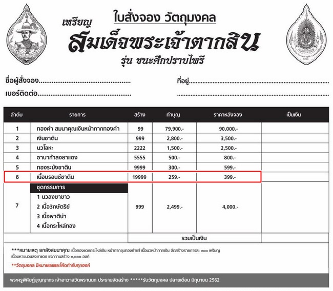 เหรียญสมเด็จพระเจ้าตากสิน วัดพรานนก จ.อยุธยา รุ่น ชนะศึกปราบไพรี ปี62 